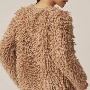 Anthropologie Shaggy Bouclé Loop Knit Bomber Cardigan Jacket Taupe Tan Size S